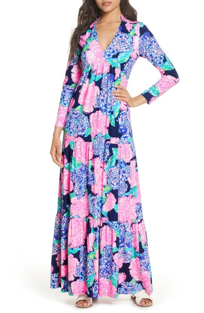 Lilly Pulitzerr Martinique Long Sleeve Maxi Dress In High Tide Navy Hey Hey Bouquet