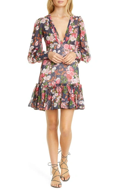 Shop Bytimo Floral Ruffle Long Sleeve Minidress In Midnight Dream