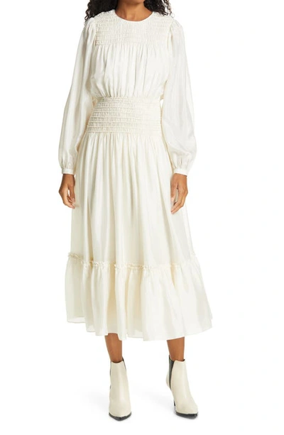 Shop Tory Burch Long Sleeve Smocked Silk Maxi Dress In New Ivory