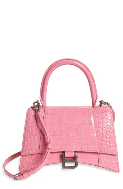 Shop Balenciaga Small Hourglass Croc Embossed Leather Top Handle Bag In Baby Pink