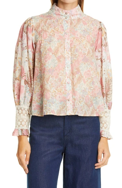 Shop Loveshackfancy Brooke Floral Lace Detail Cotton Button-up Blouse In Dew Drop