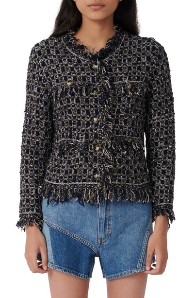 Shop Maje Boucle Cardigan Sweater In Navy