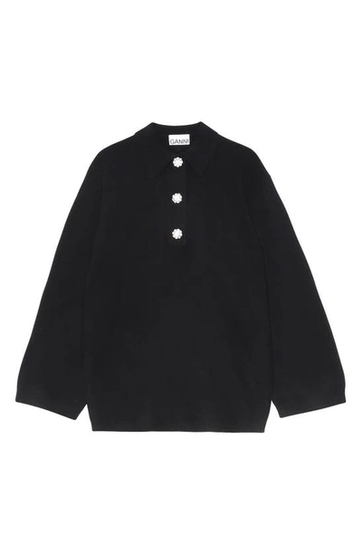 Shop Ganni Cashmere Polo Sweater In Black