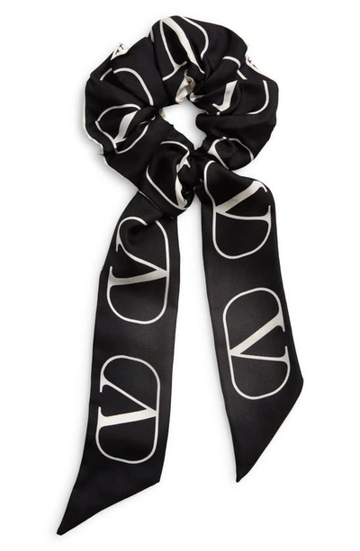 Shop Valentino Logo Silk Scrunchie Scarf In Nero/ Bianco