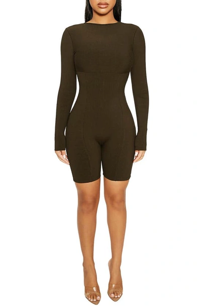 Shop Naked Wardrobe Snatched Bustier Long Sleeve Romper In Forest Green