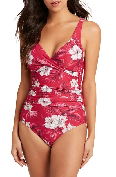 Shop Sea Level Cross Front Multifit Floral One-piece Swimsuit In Red