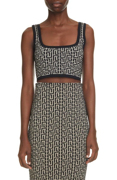 Shop Balmain Monogram Jacquard Crop Top In Ivoire / Noir