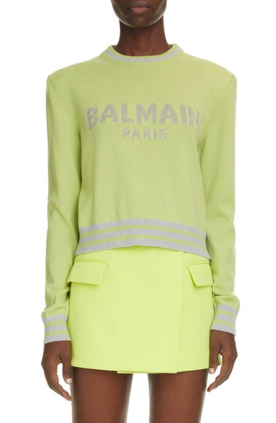 Shop Balmain Mesh Logo Crop Sweater In Anis/ Gris Clair