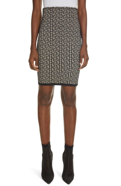 Shop Balmain Monogram Jacquard Knit Pencil Skirt In Ivoire / Noir