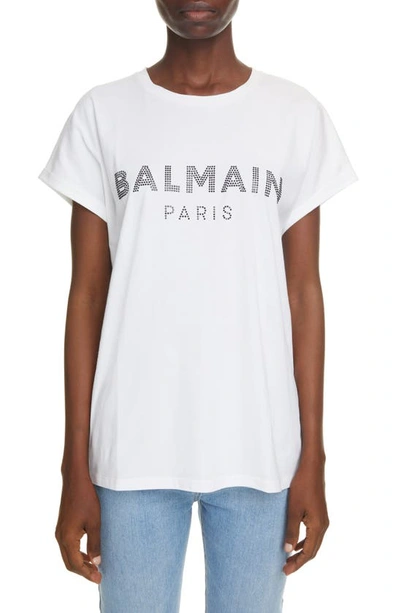Shop Balmain Crystal Logo Cotton T-shirt In Blanc/ Noir