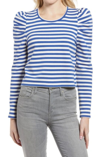 Shop Rebecca Minkoff Talia Stripe Crop Puff Sleeve Cotton Sweatshirt In French Blue/ Ecru Stripe