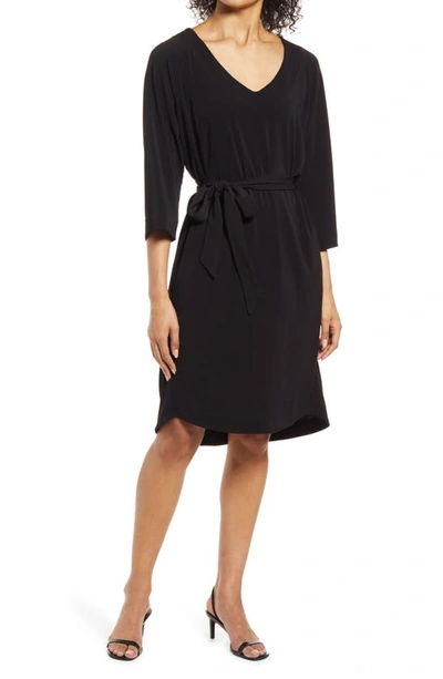 Shop Ilse Jacobsen V-neck Belted Stretch Jersey Dress In Black