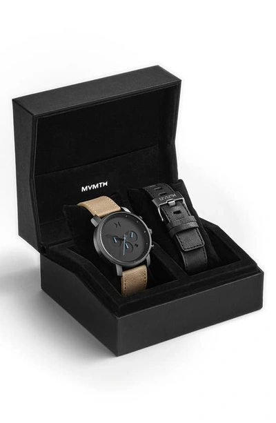 Shop Mvmt The Chrono Chronograph Leather Strap Watch Set, 45mm In Tan/ Black