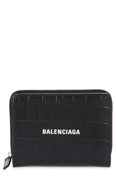 Shop Balenciaga Logo Croc Embossed Leather Bifold Wallet In Black/ L White