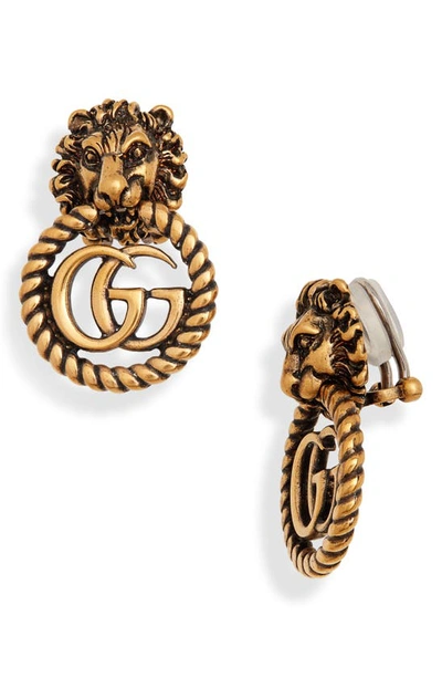 Shop Gucci Lion Head Double-g Clip-on Earrings In Silver/ Crystal