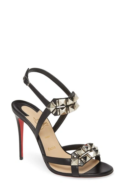 Shop Christian Louboutin Galerietta Studded Ankle Strap Sandal In Black/ Silver