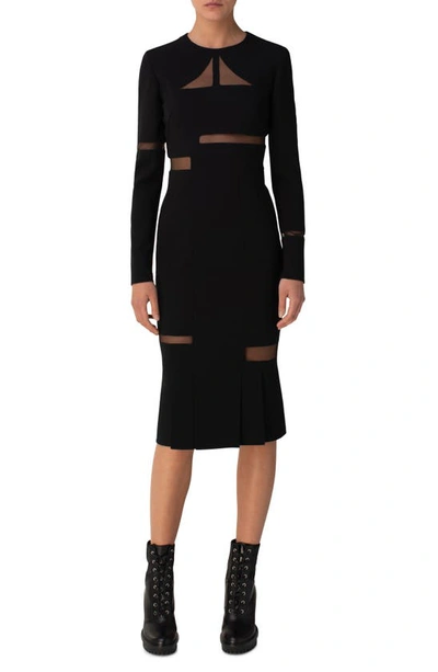 Shop Akris Tulle Cutout Long Sleeve Double Face Wool Blend Midi Sheath Dress In Black