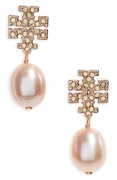 Shop Tory Burch Kira Baroque Pearl Drop Earrings In Rose Gold / Pearl