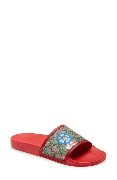 Shop Gucci Floral Gg Supreme Slide Sandal In Red