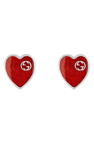 Shop Gucci Extra Small Interlocking-g Red Heart Stud Earrings In Silver/ Red