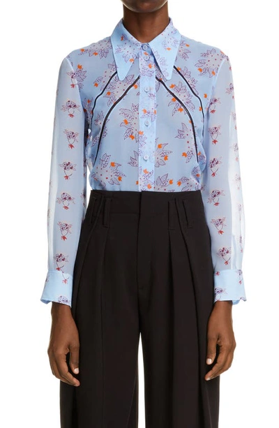 Shop Chloé Floral Open Stitch Inset Button-up Silk Blouse In Downey Blue