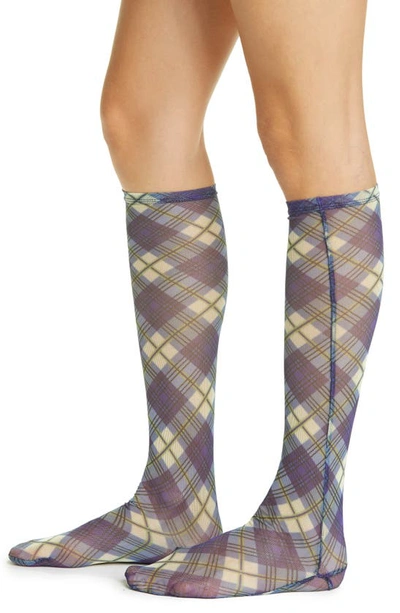 Shop Chopova Lowena Plaid Mesh Knee Socks In Blue And White