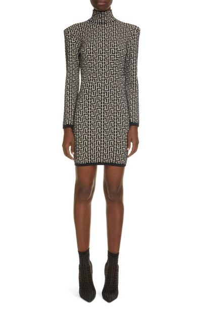 Shop Balmain Monogram Jacquard Long Sleeve Wool Blend Minidress In Ivoire / Noir