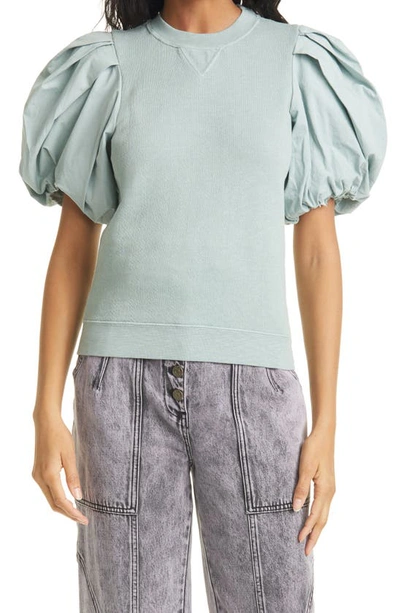 Shop Ulla Johnson Mixed Media Puff Sleeve Cotton Top In Sage