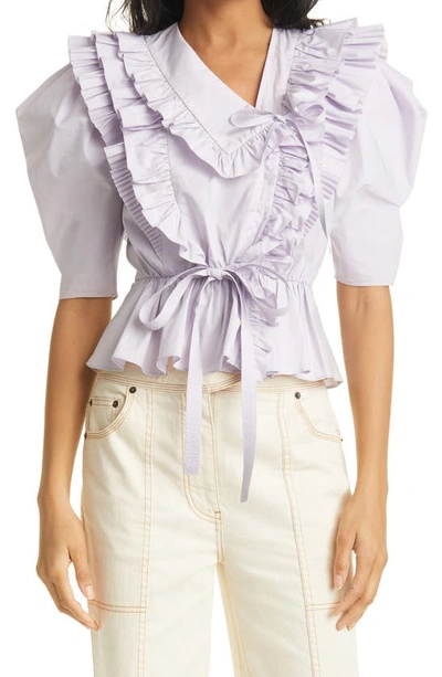 Shop Ulla Johnson Amata Ruffle Elbow Sleeve Cotton Blouse In Thistle