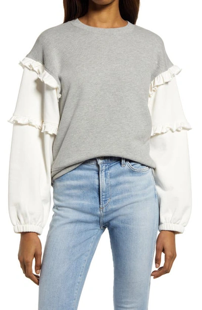 Shop Rebecca Minkoff Evelyn Rufffle Sleeve Sweatshirt In Grey/ Ecru