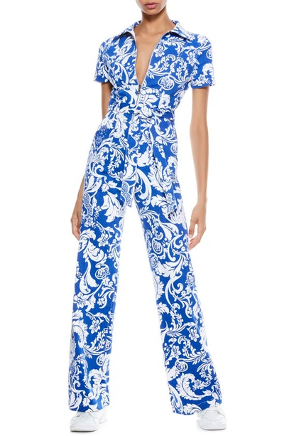 Shop Alice And Olivia Gorgeous Wide Leg Jumpsuit In Roman Holiday Blue Eyes