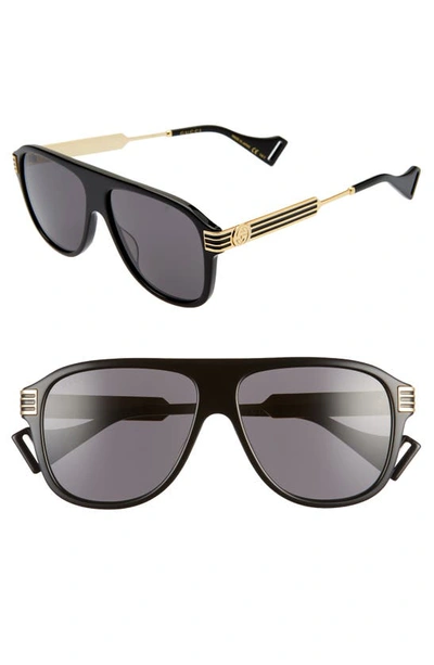 Shop Gucci 57mm Aviator Sunglasses In Shiny Black