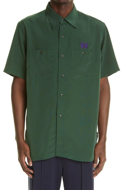 Shop Needles Butterfly Embroidered Short Sleeve Button-up Work Shirt In Green