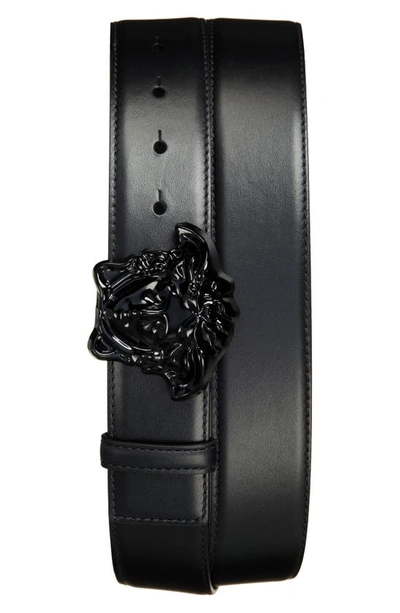 Shop Versace Medusa Head Leather Belt In K41nv Black-black- Gold