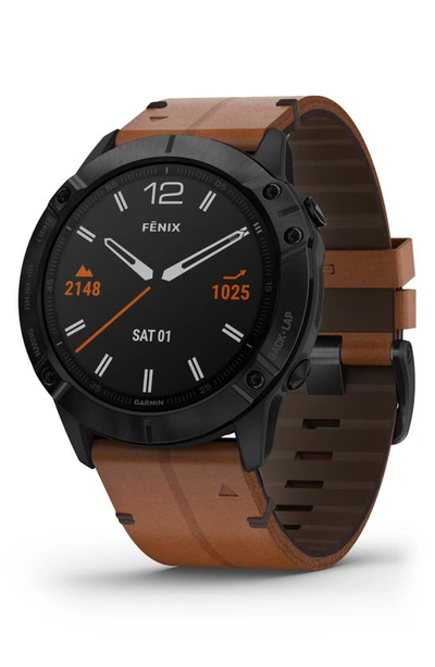 Shop Garmin Fenix® 6x Sapphire Dlc With Leather Band Premium Multisport Gps Watch, 51mm In Black/ Chestnut Leather