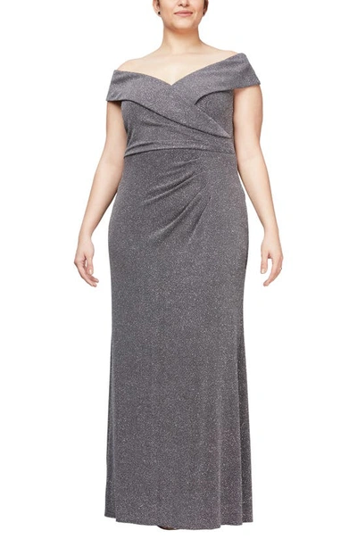 Shop Alex Evenings Off The Shoulder Fit & Flare Gown In Gunmetal