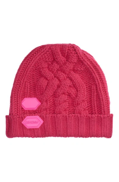 Shop Off-white Rubber Patch Cable Knit Wool Beanie In Fuchsia