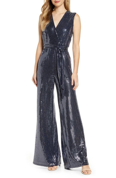 Shop Donna Ricco Sequin Sleeveless Wide Leg Jumpsuit In Blue
