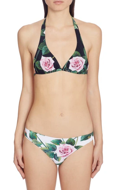 Shop Dolce & Gabbana Rose Print Bikini Top In Hn96c Black