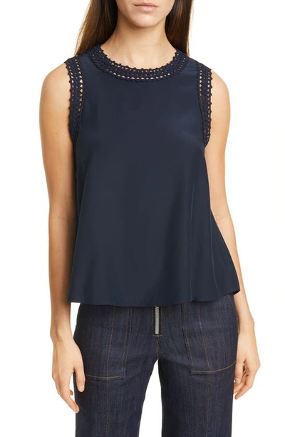 Shop Cinq À Sept Ellina Crochet Trim Silk Tank In Navy