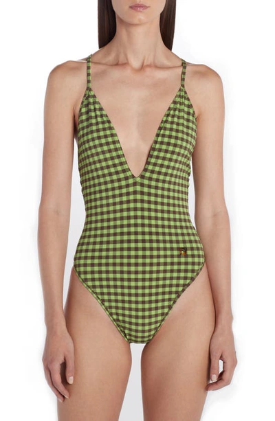 Shop Fendi Gingham One-piece Swimsuit In F1akz Pine