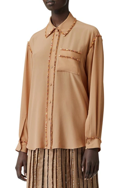 Shop Burberry Crystal Embellished Silk Shirt In Camel
