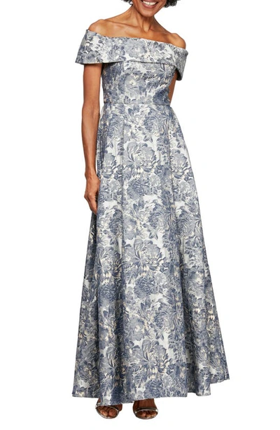 Shop Alex Evenings Floral Brocade Off The Shoulder Gown In Silver Multi