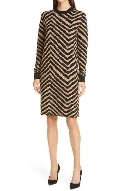 Shop Hugo Boss Fadrella Chevron Long Sleeve Shift Sweater Dress In Black Fantasy