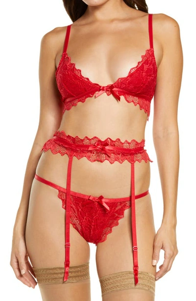 Shop Oh La La Cheri Lace Bralette, G-string & Garter Belt Set In Red