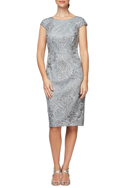 Shop Alex Evenings Cap Sleeve Embroidered Sheath Dress In Silver