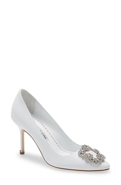 Shop Manolo Blahnik Hangisi Crystal Buckle Pump In White