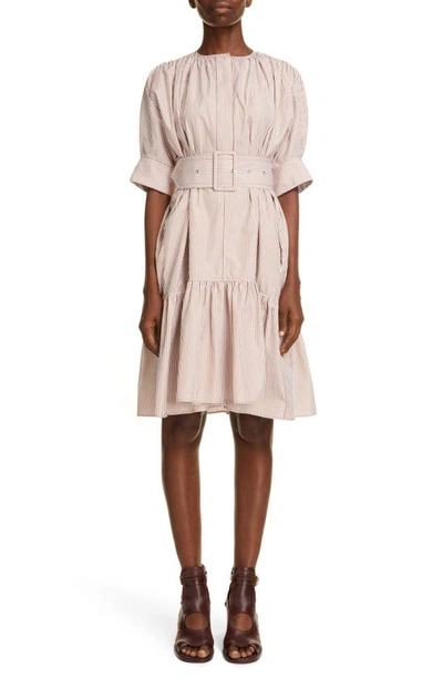 Shop Chloé Stripe Embroidered Ruffle Poplin Dress In White Beige