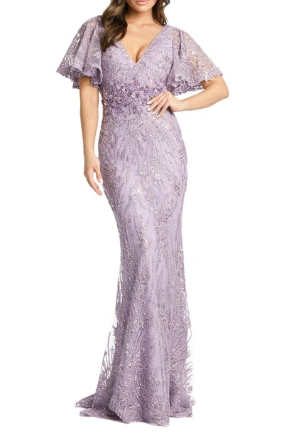Shop Mac Duggal Sequin Butterfly Sleeve Lace Gown In Vintage Lilac