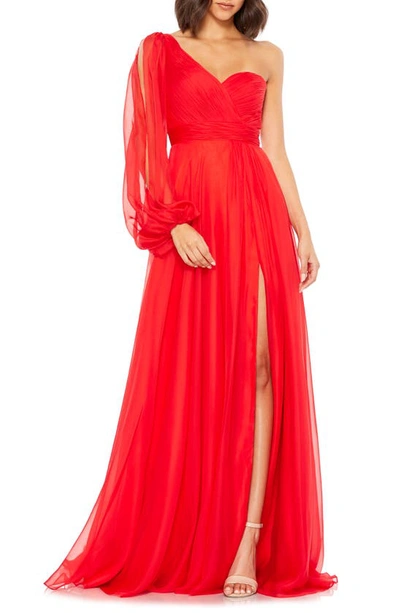 Shop Mac Duggal One-shoulder Chiffon Gown In Red